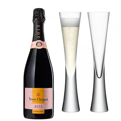 Veuve Clicquot Vintage Rose 2015 Champagne 75cl with LSA Moya Flutes